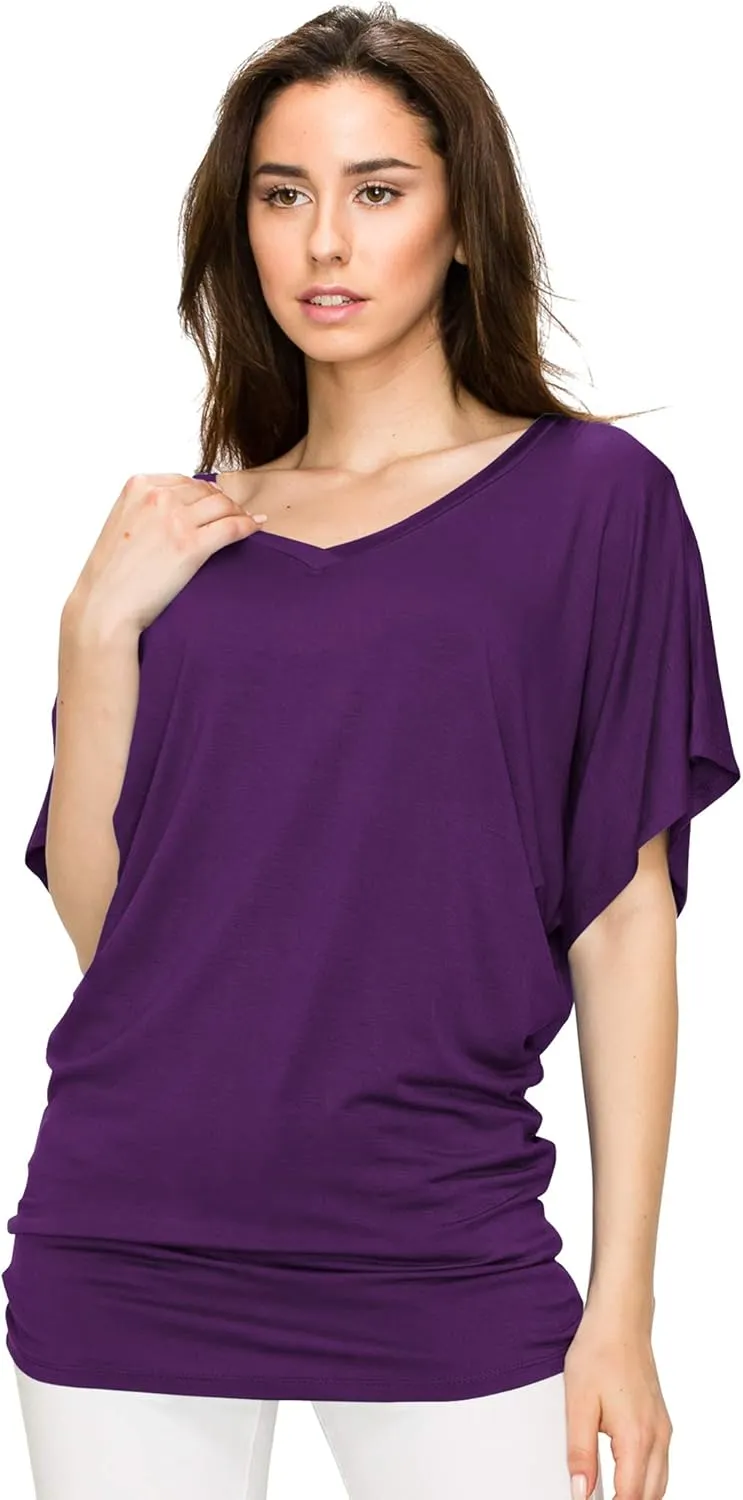 Lock and Love Women's Versatile Casual Short Sleeve Dolman Top – Loose Fit Boat Neck & V-Neck T-Shirt