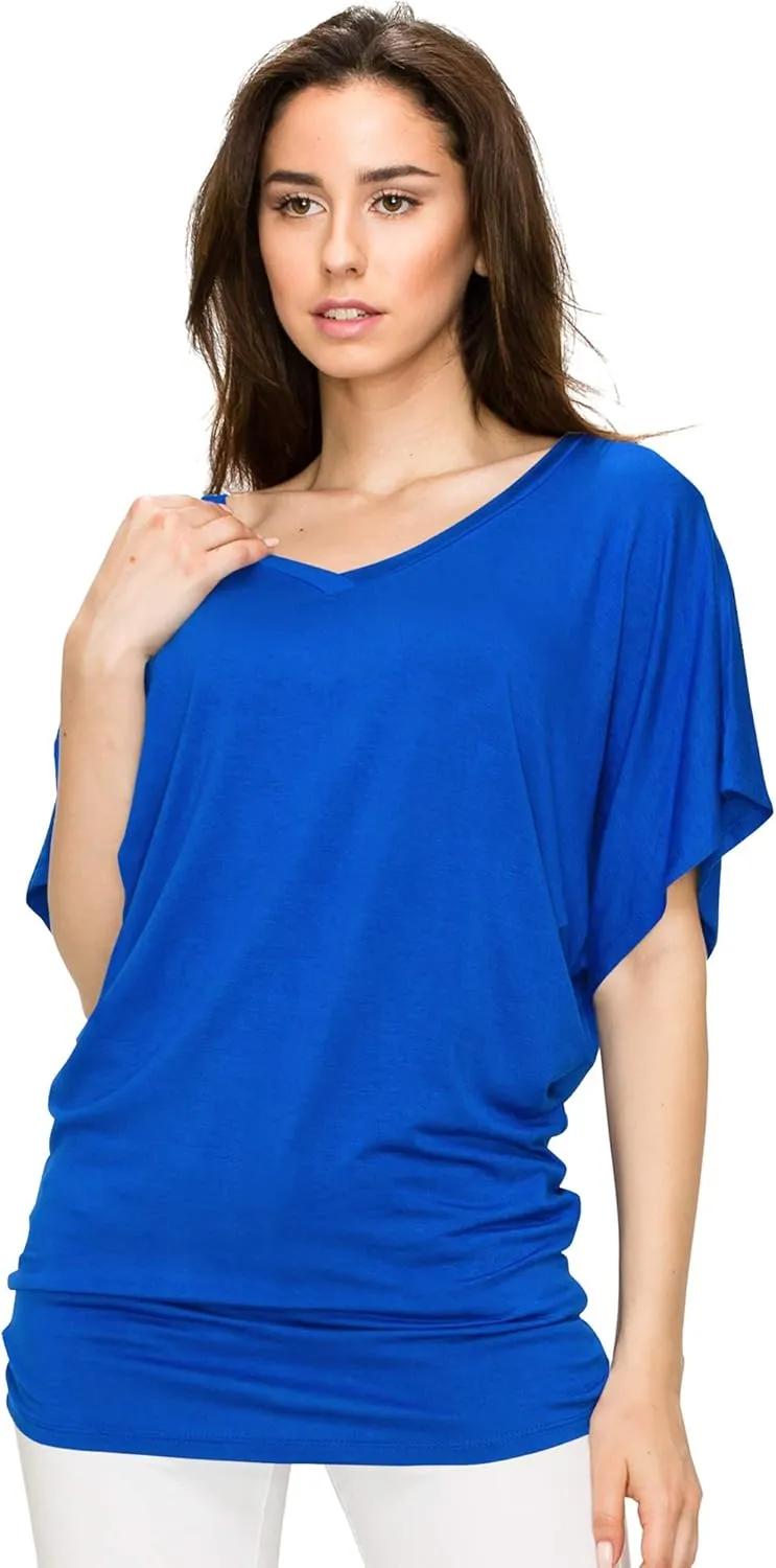 Lock and Love Women's Versatile Casual Short Sleeve Dolman Top – Loose Fit Boat Neck & V-Neck T-Shirt