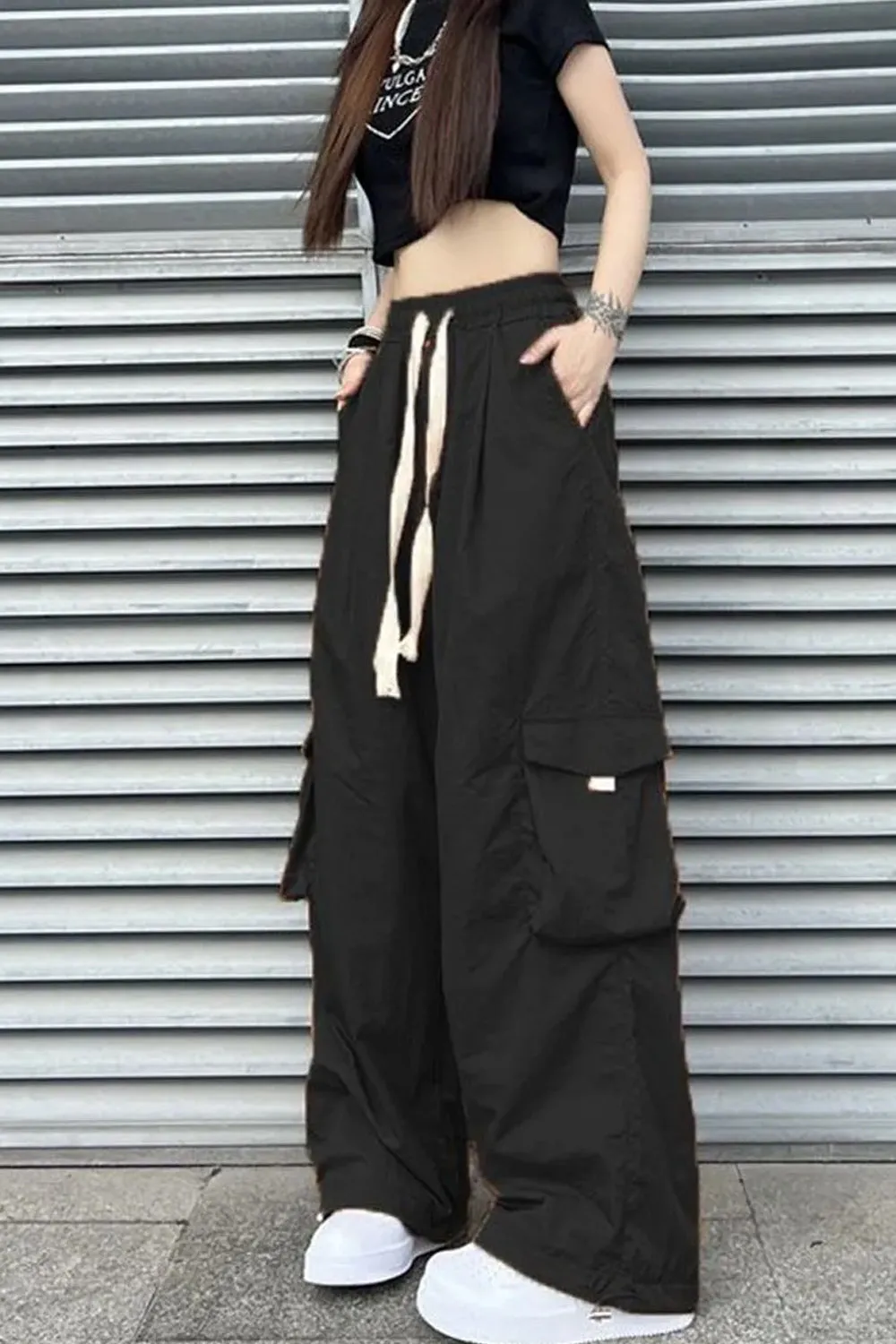 Loose Wide Leg Solid Cargo Pocket Pants