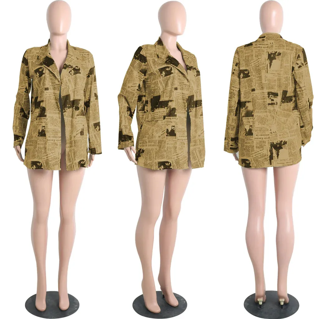 MB FASHION Newspaper Print Long-Sleeve Button-Up Blazer Jacket 3175