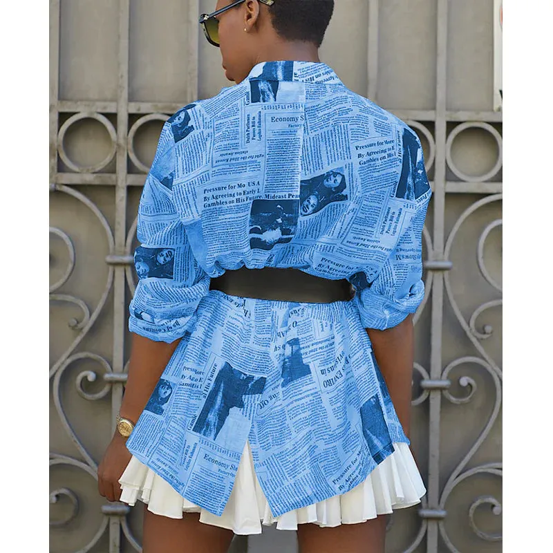 MB FASHION Newspaper Print Long-Sleeve Button-Up Blazer Jacket 3175