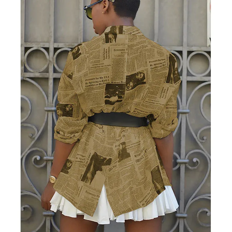 MB FASHION Newspaper Print Long-Sleeve Button-Up Blazer Jacket 3175