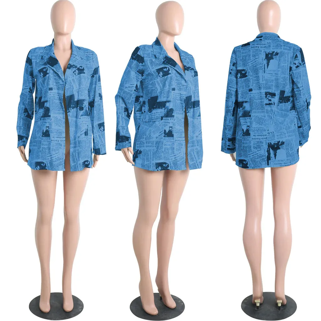 MB FASHION Newspaper Print Long-Sleeve Button-Up Blazer Jacket 3175