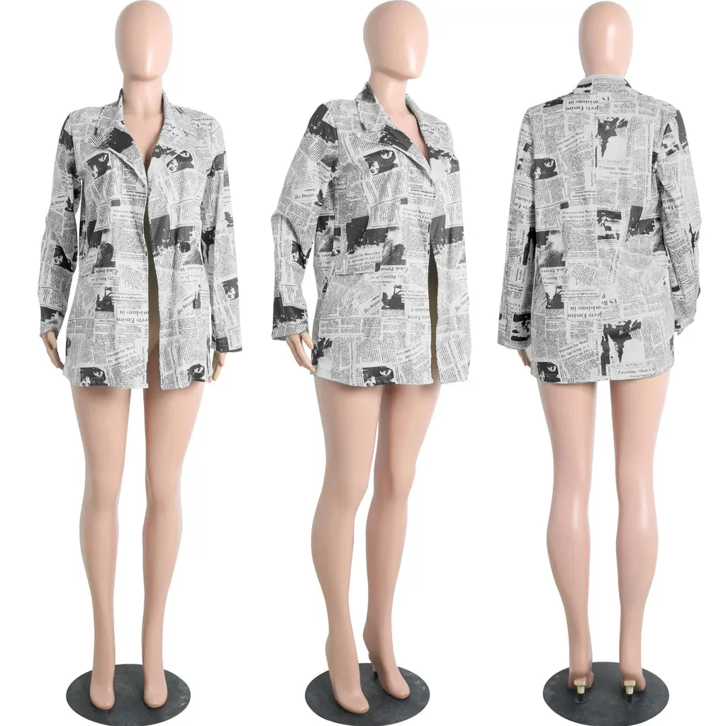 MB FASHION Newspaper Print Long-Sleeve Button-Up Blazer Jacket 3175