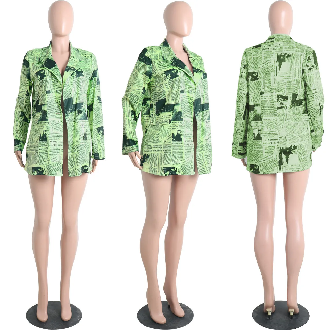 MB FASHION Newspaper Print Long-Sleeve Button-Up Blazer Jacket 3175