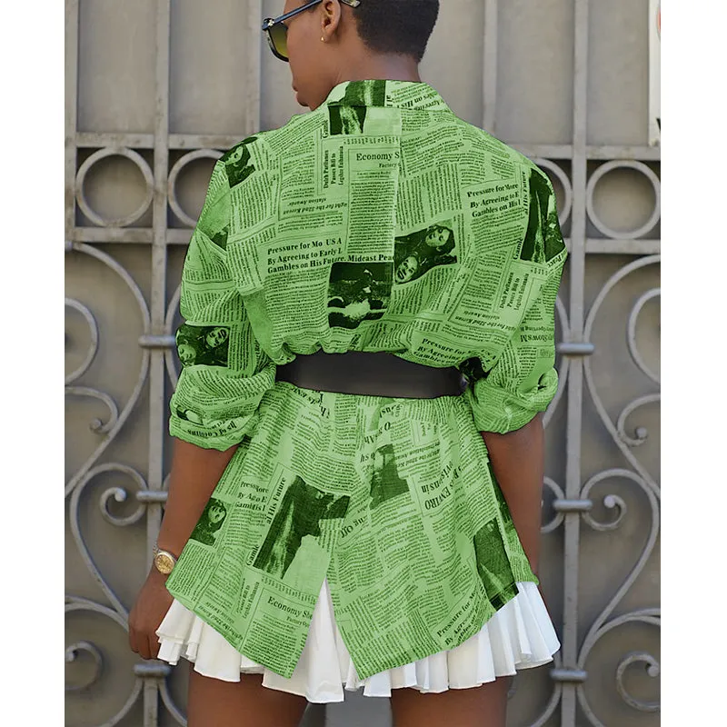 MB FASHION Newspaper Print Long-Sleeve Button-Up Blazer Jacket 3175