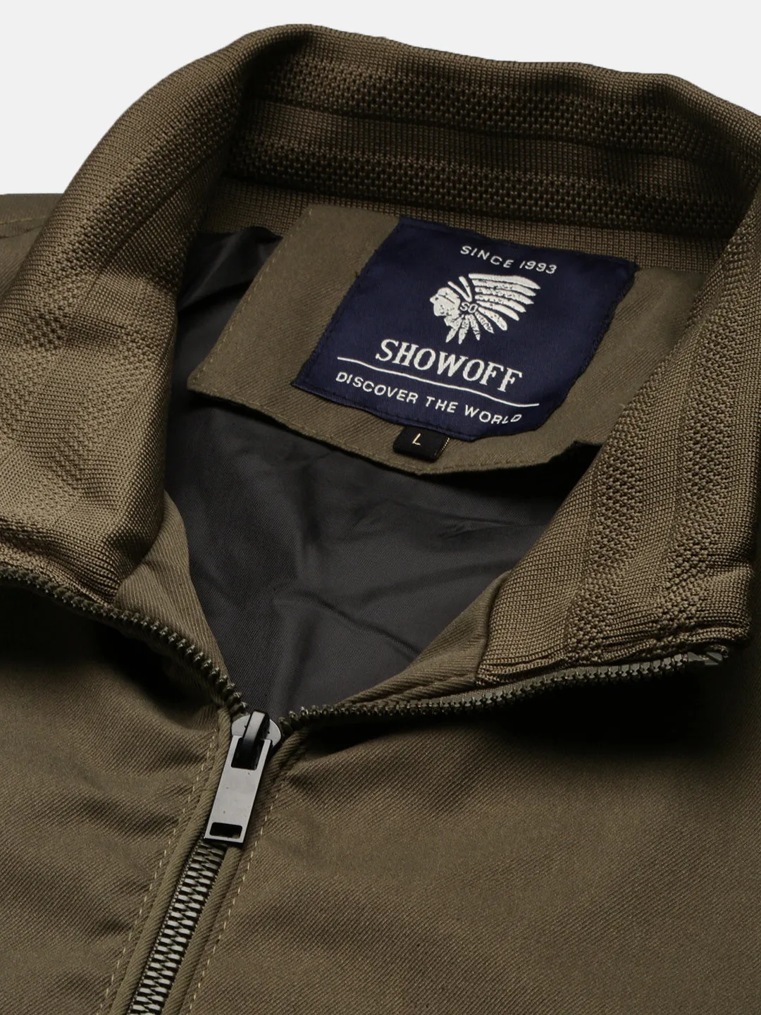 Men Mock Collar Olive Solid Bomber Jacket