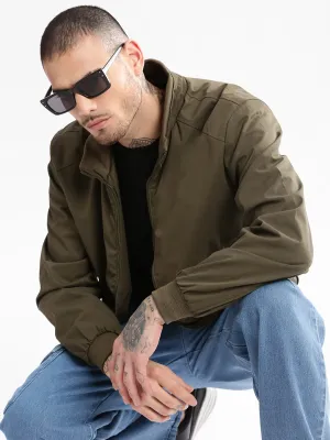 Men Mock Collar Olive Solid Bomber Jacket