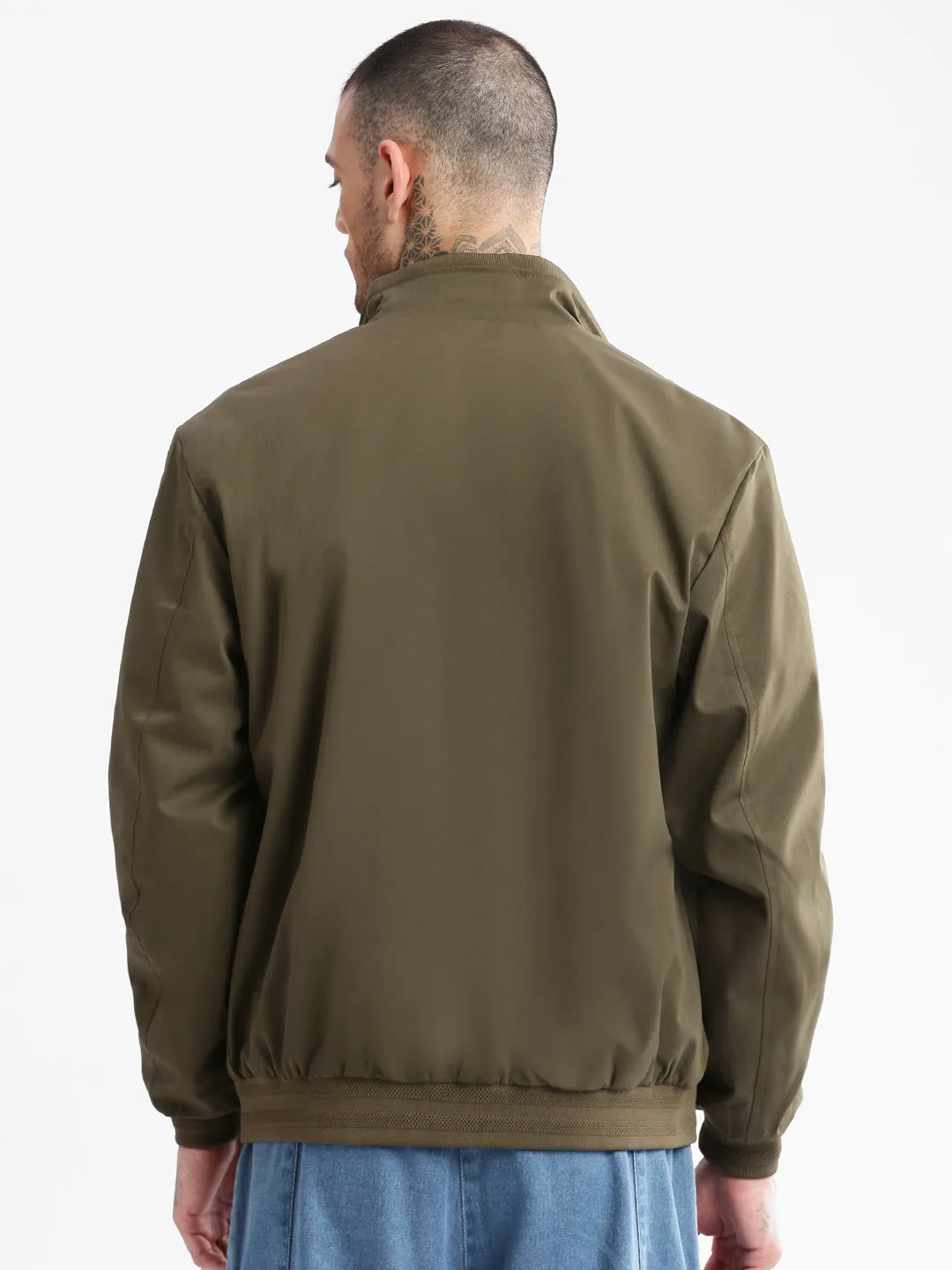 Men Mock Collar Olive Solid Bomber Jacket