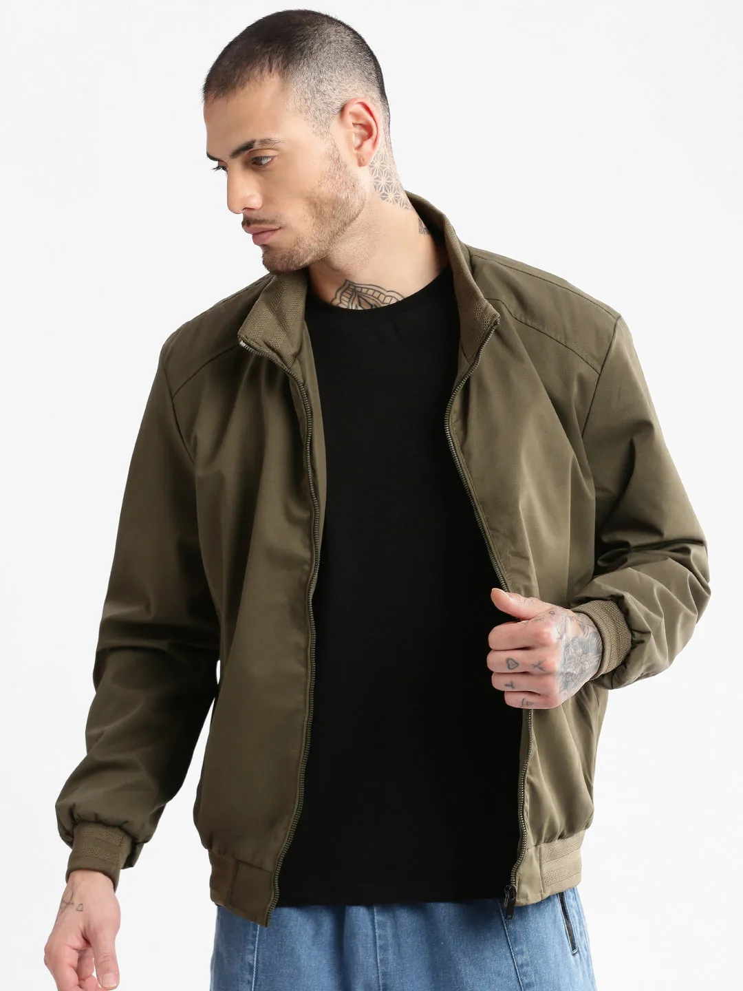 Men Mock Collar Olive Solid Bomber Jacket