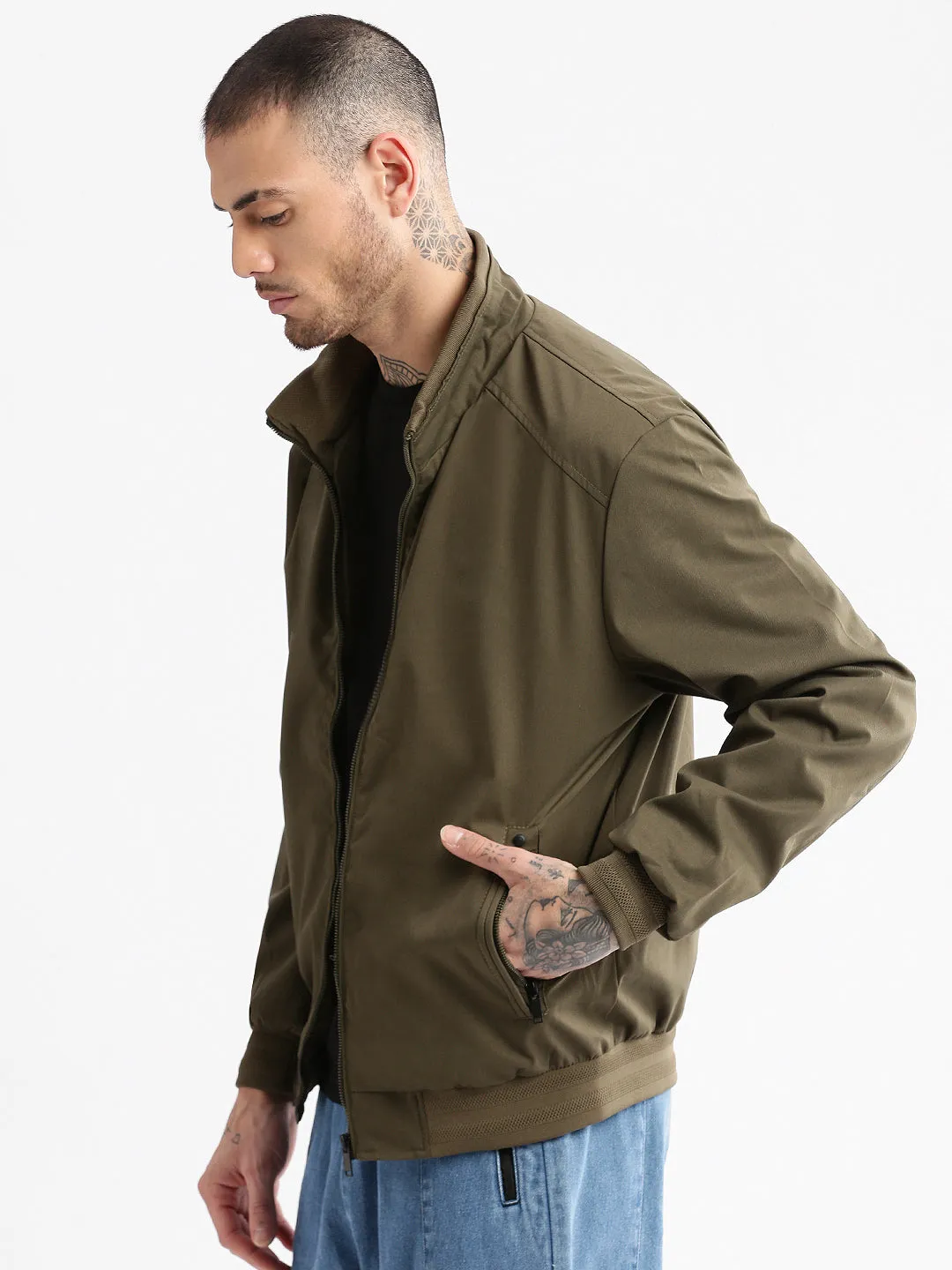 Men Mock Collar Olive Solid Bomber Jacket