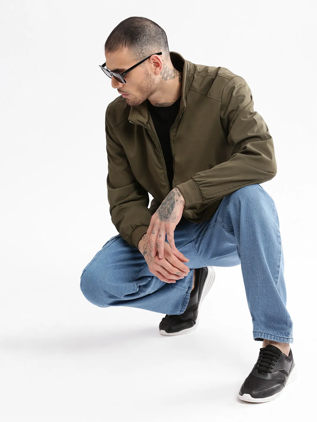 Men Mock Collar Olive Solid Bomber Jacket