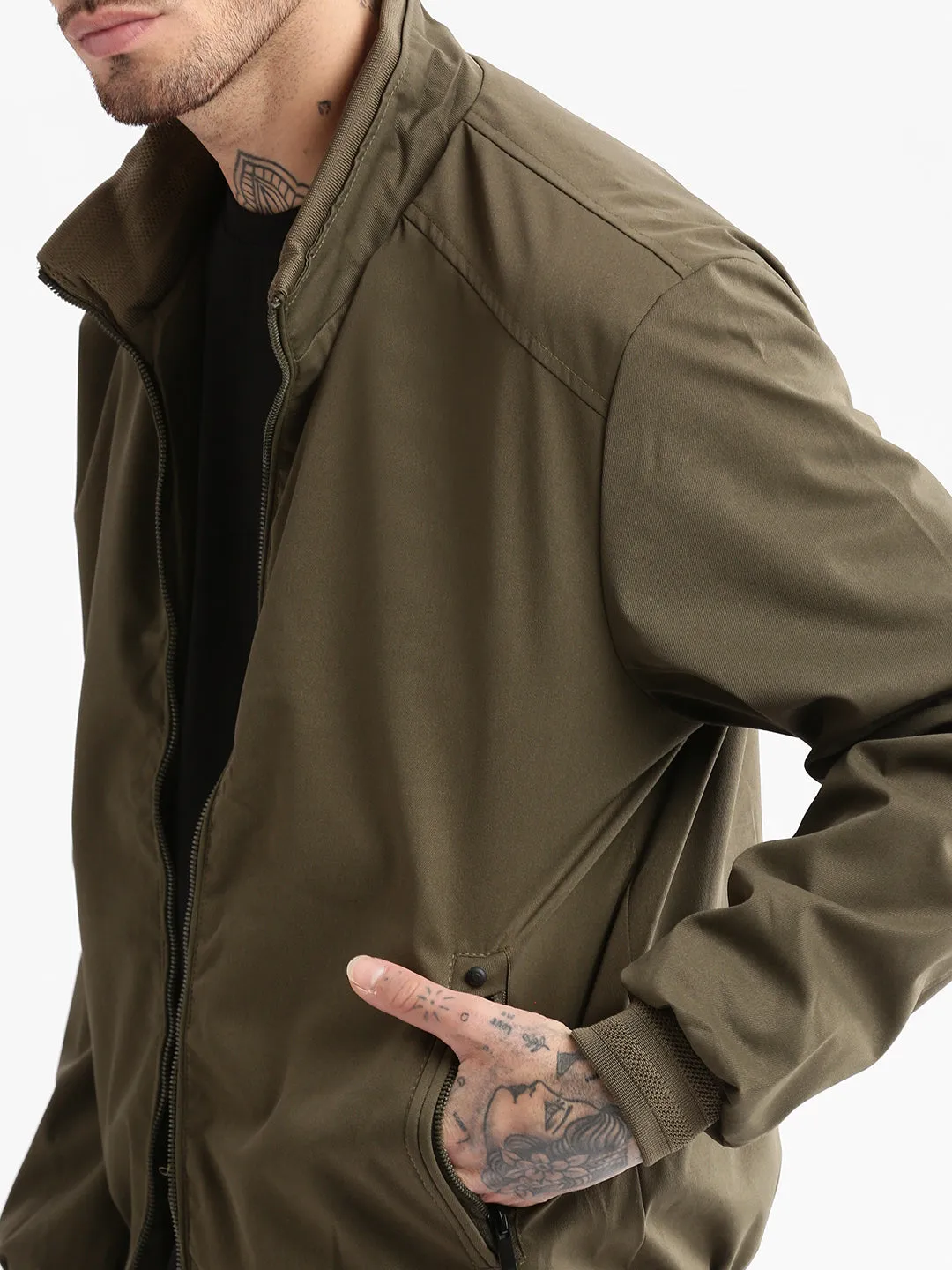 Men Mock Collar Olive Solid Bomber Jacket