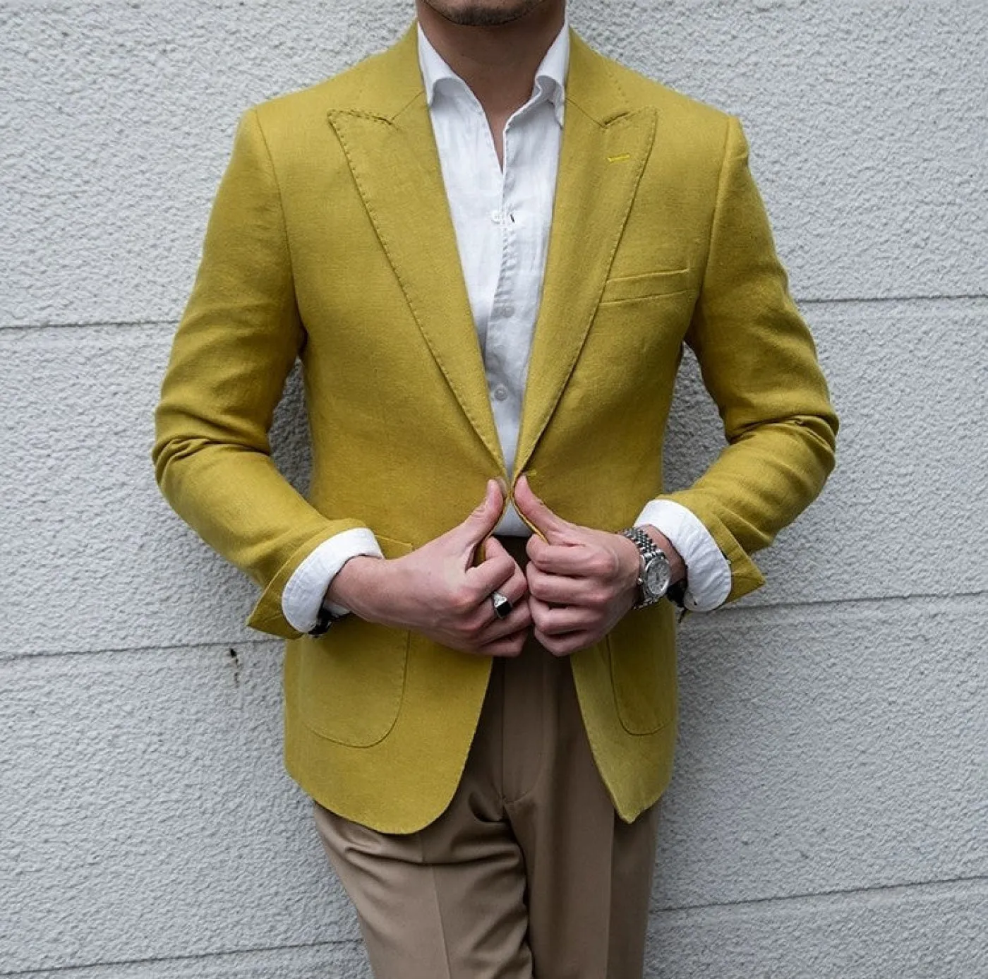 Men's 2 Pieces Mens Blazer Peak Lapel Linen For Wedding