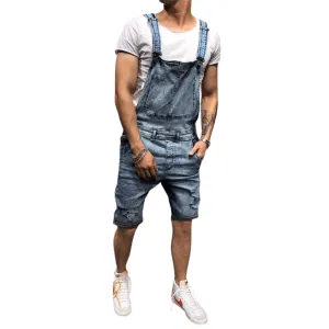 Men's Bib Overalls Shorts Jeans Sleeveless Ripped Denim Jumpsuit