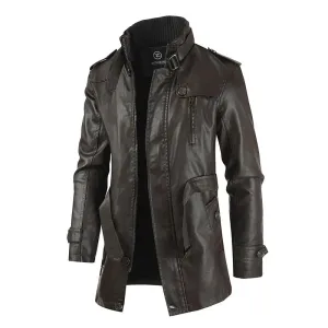 Men's Long Vintage Thick Fleece Leather Jacket
