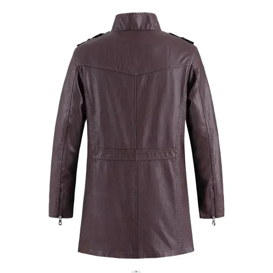 Men's Long Vintage Thick Fleece Leather Jacket