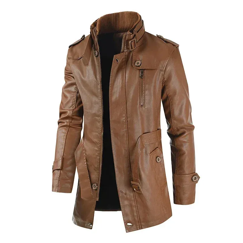 Men's Long Vintage Thick Fleece Leather Jacket