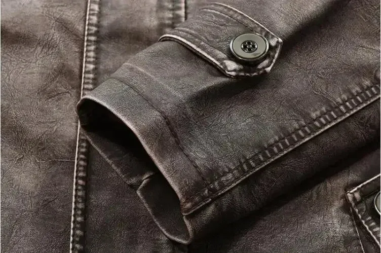 Men's Long Vintage Thick Fleece Leather Jacket