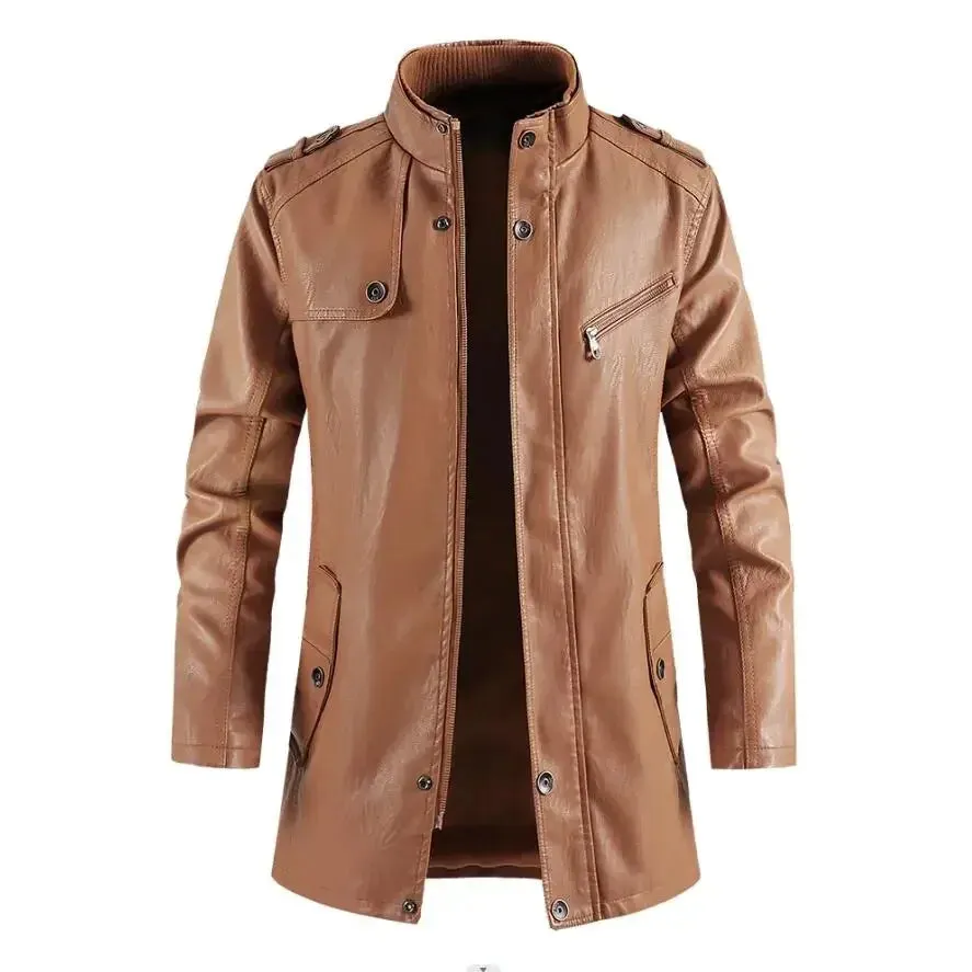 Men's Long Vintage Thick Fleece Leather Jacket
