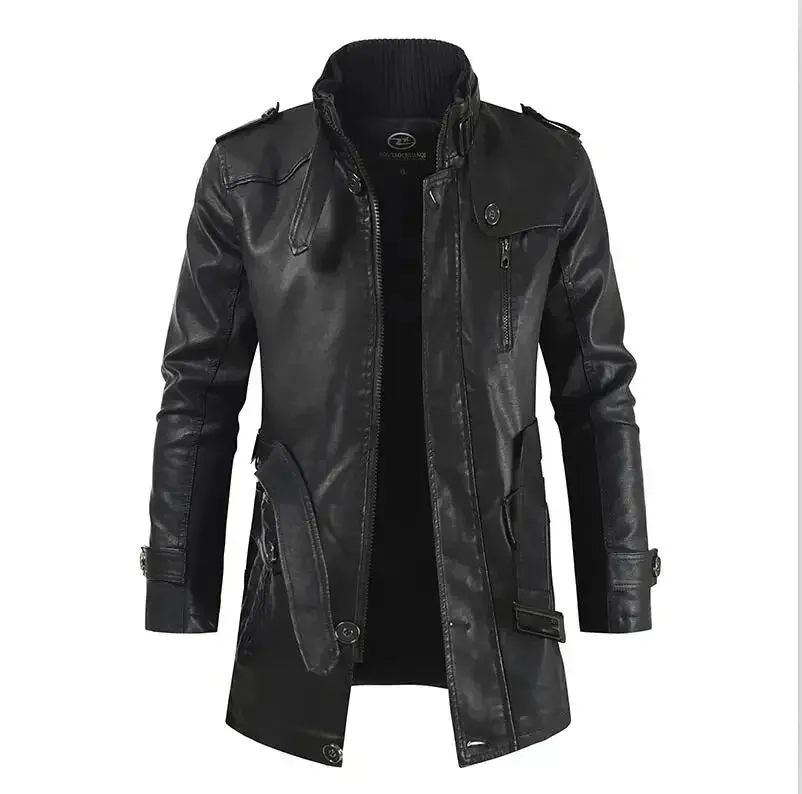 Men's Long Vintage Thick Fleece Leather Jacket