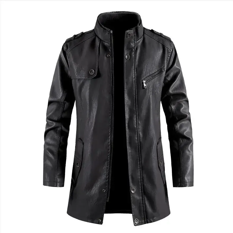 Men's Long Vintage Thick Fleece Leather Jacket