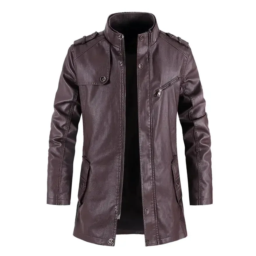 Men's Long Vintage Thick Fleece Leather Jacket