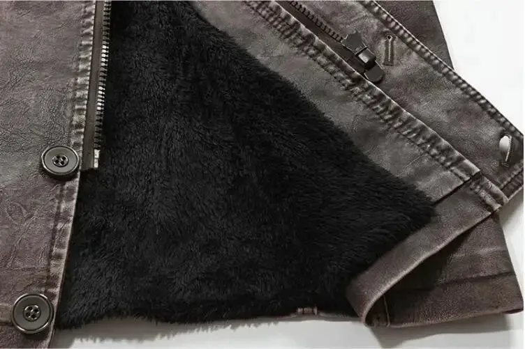 Men's Long Vintage Thick Fleece Leather Jacket