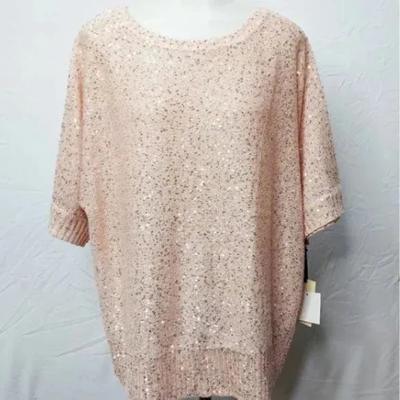 NWT Emaline Pink Pullover Sequin Short Sleeve Sweater Blouse Size XL
