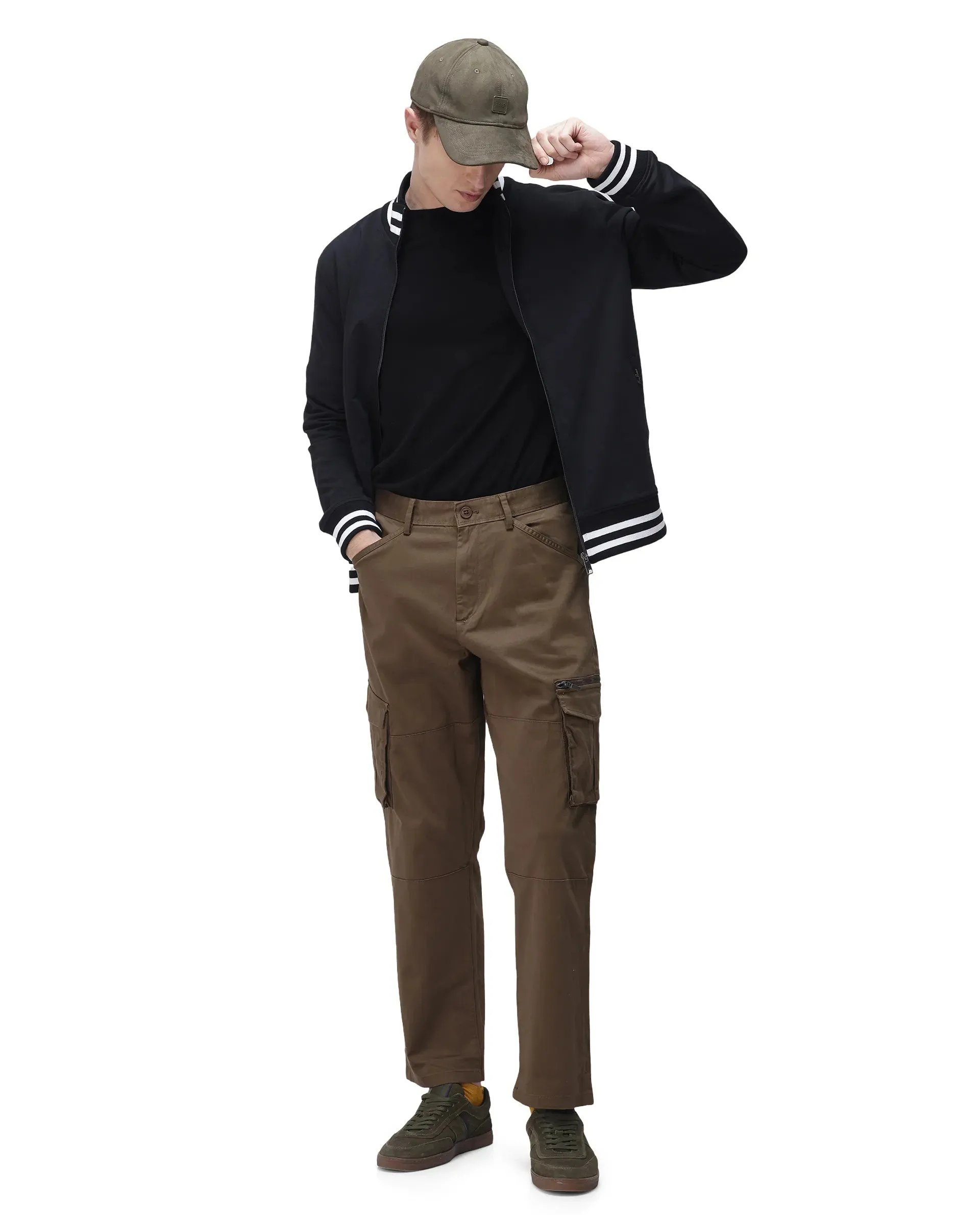 Rare Rabbit Men's Dima Dark Olive Cotton Elastane Fabric Button And Zip Closure Cargo Trouser