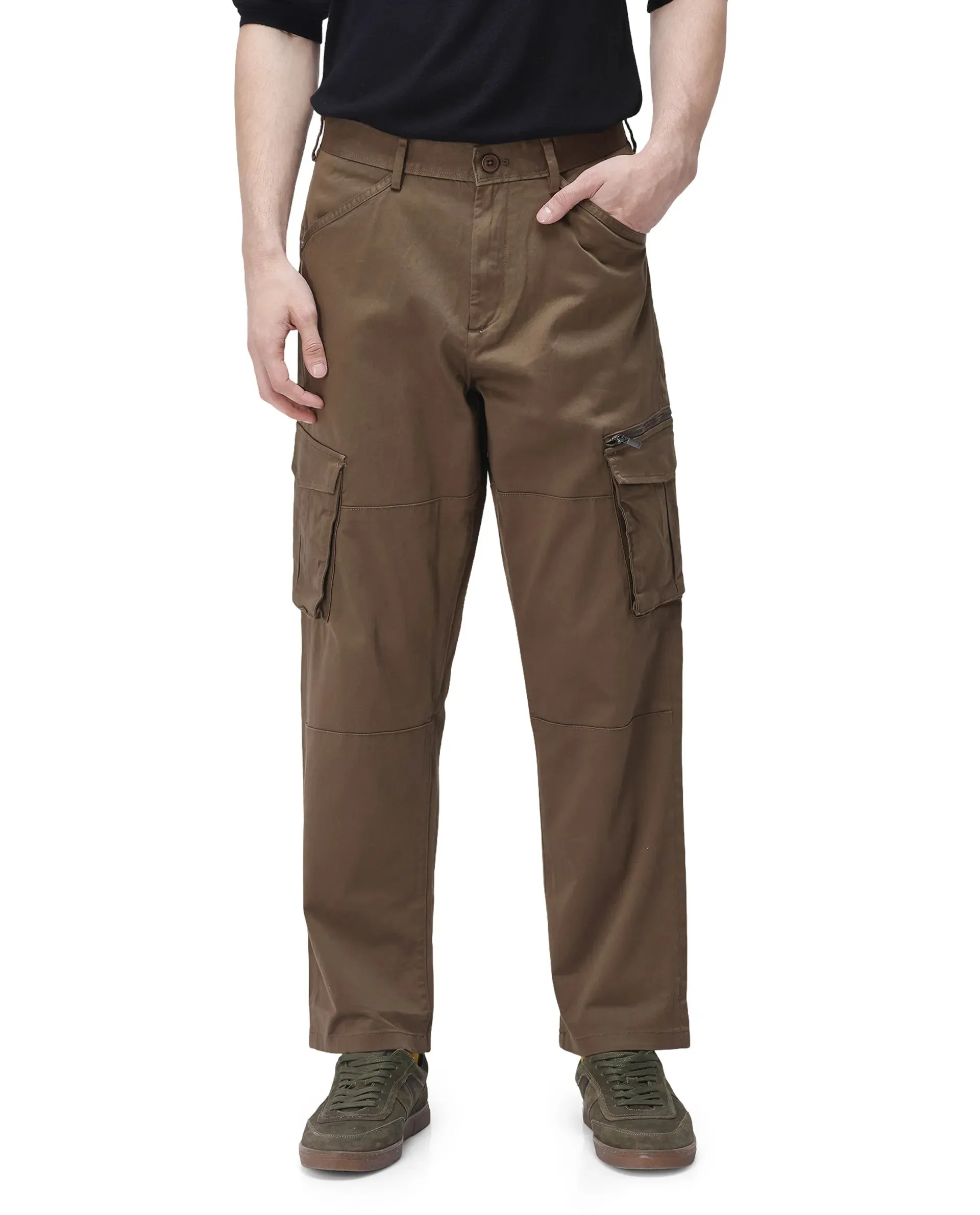 Rare Rabbit Men's Dima Dark Olive Cotton Elastane Fabric Button And Zip Closure Cargo Trouser