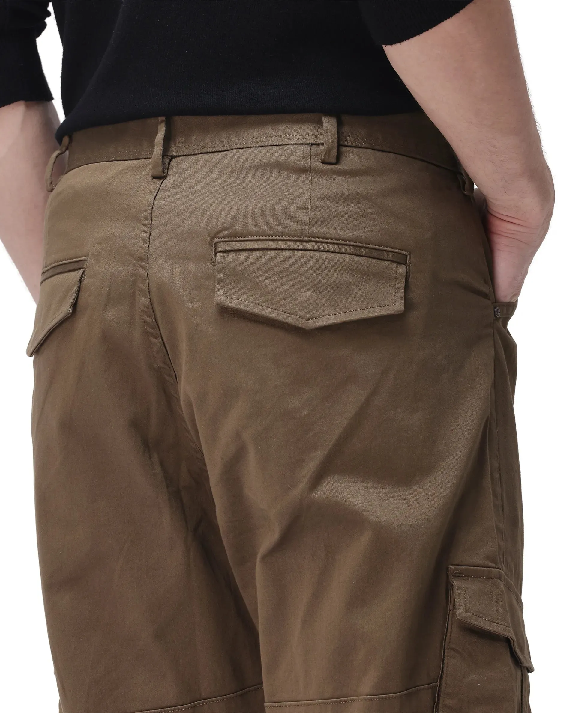 Rare Rabbit Men's Dima Dark Olive Cotton Elastane Fabric Button And Zip Closure Cargo Trouser