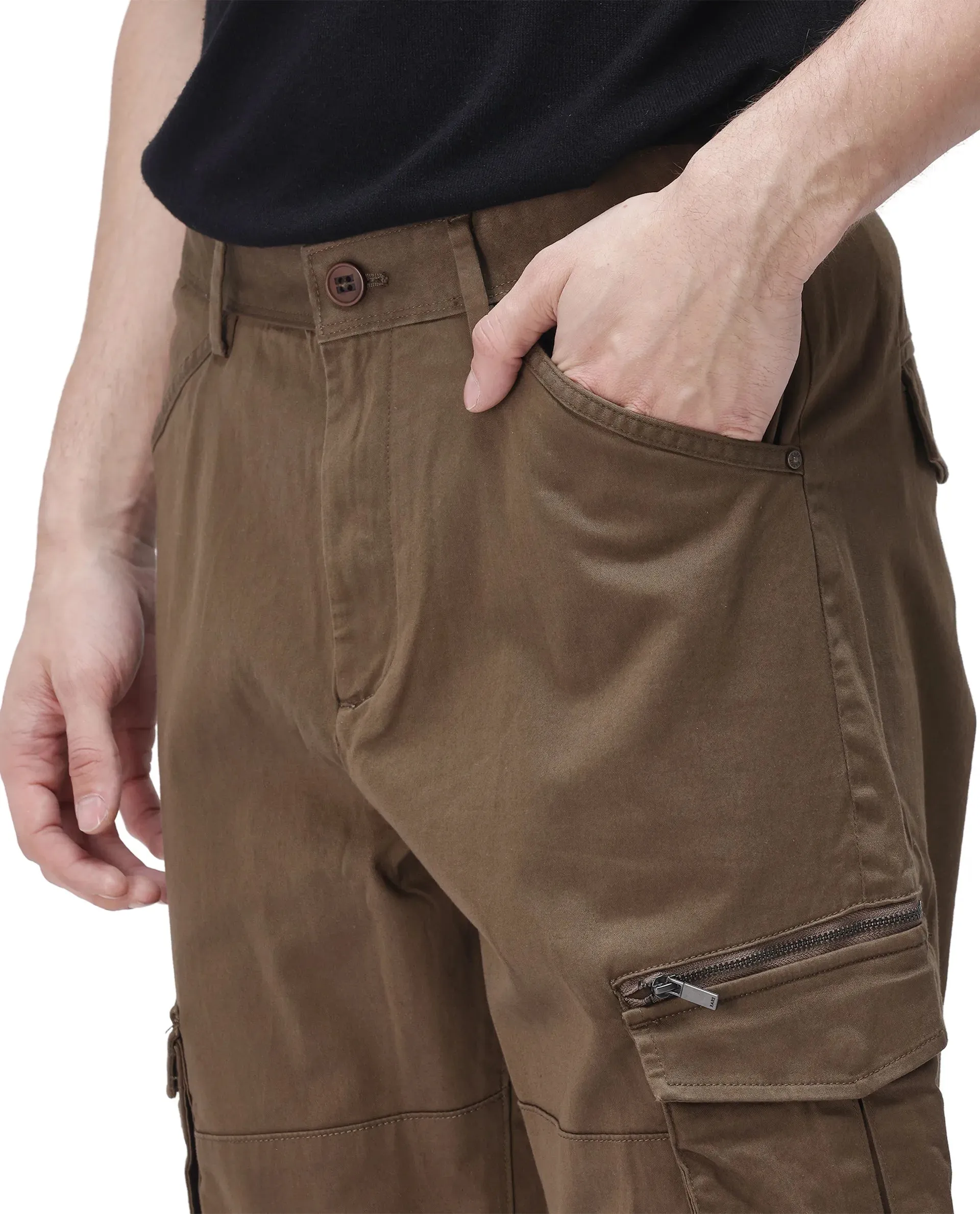 Rare Rabbit Men's Dima Dark Olive Cotton Elastane Fabric Button And Zip Closure Cargo Trouser