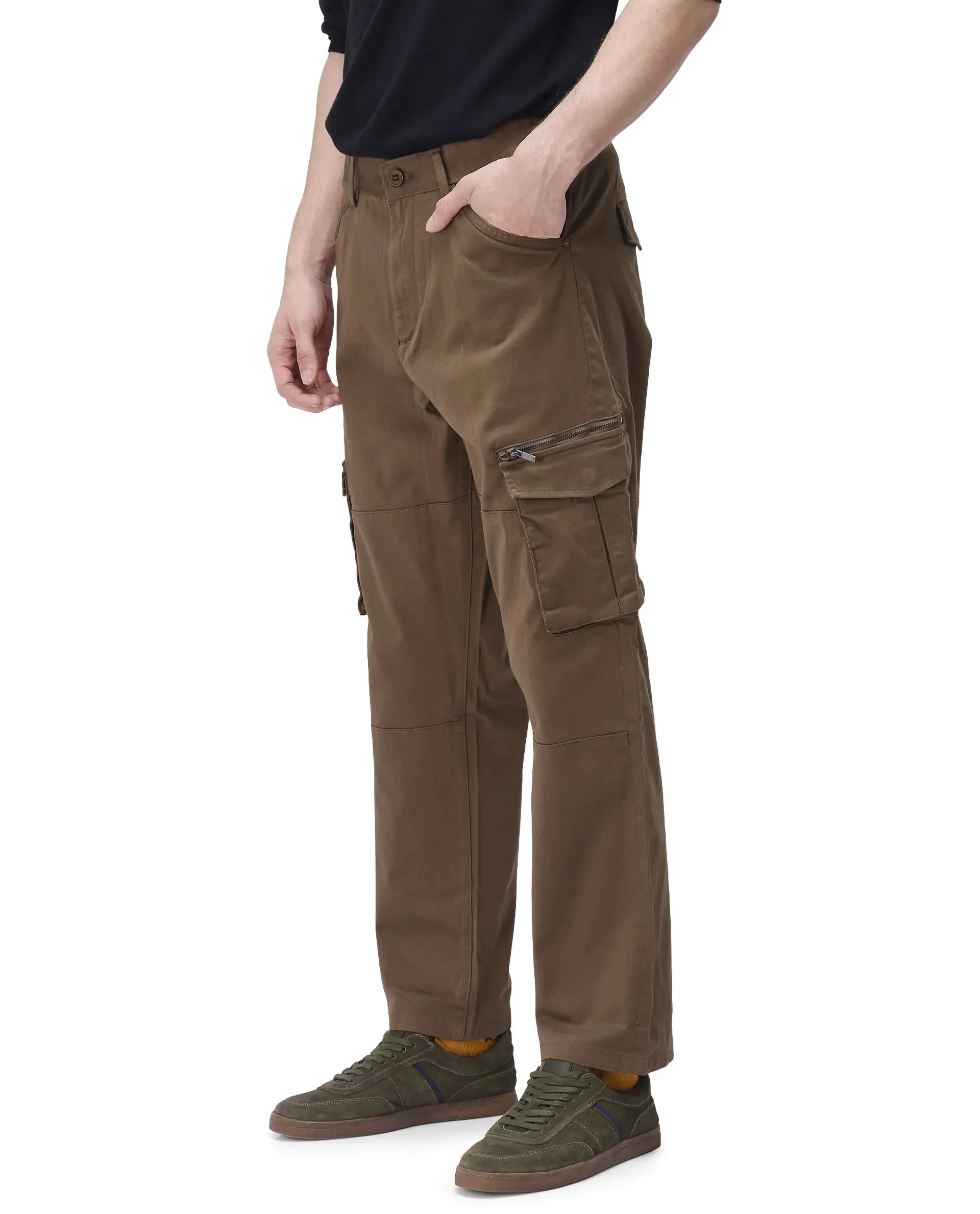 Rare Rabbit Men's Dima Dark Olive Cotton Elastane Fabric Button And Zip Closure Cargo Trouser