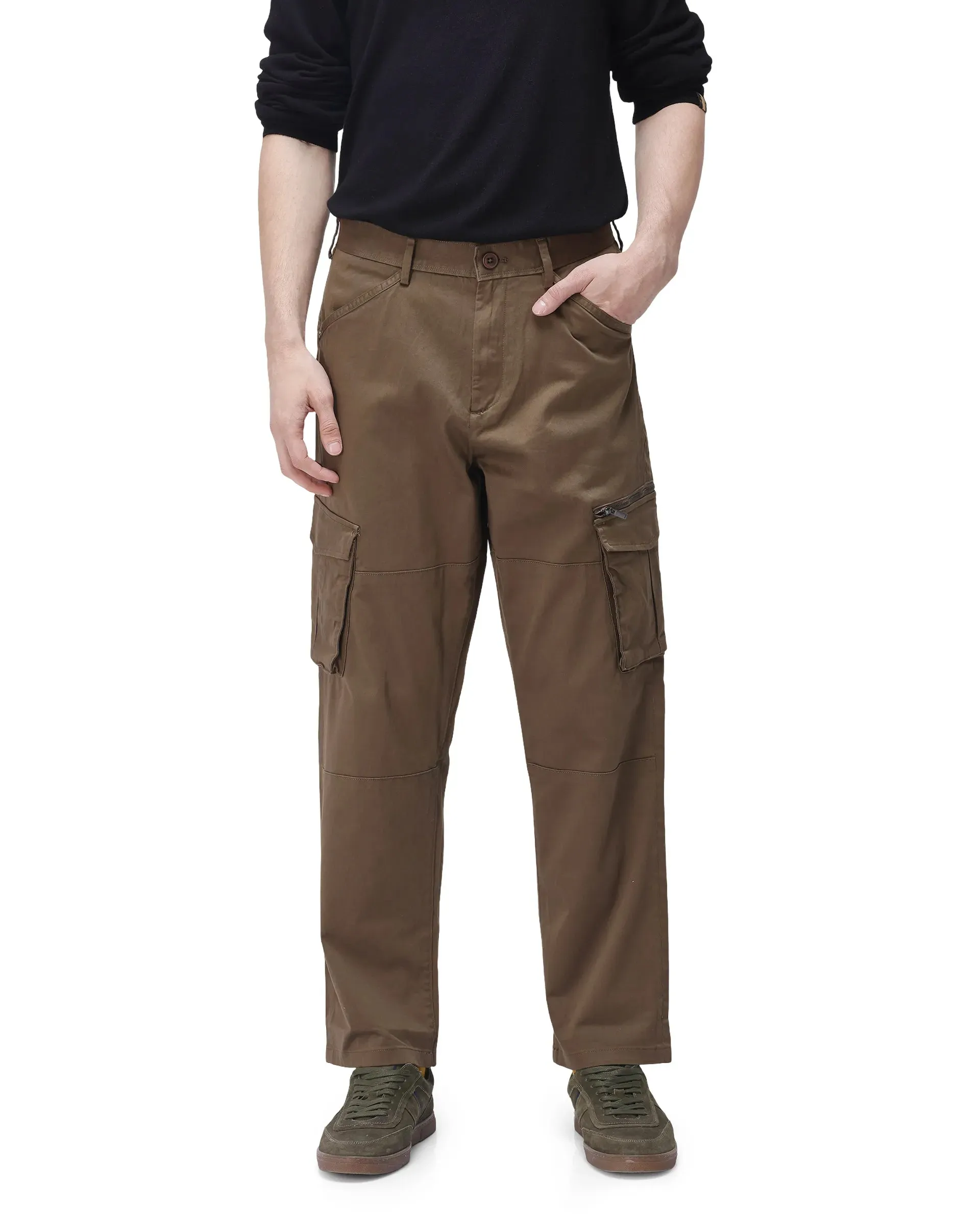 Rare Rabbit Men's Dima Dark Olive Cotton Elastane Fabric Button And Zip Closure Cargo Trouser