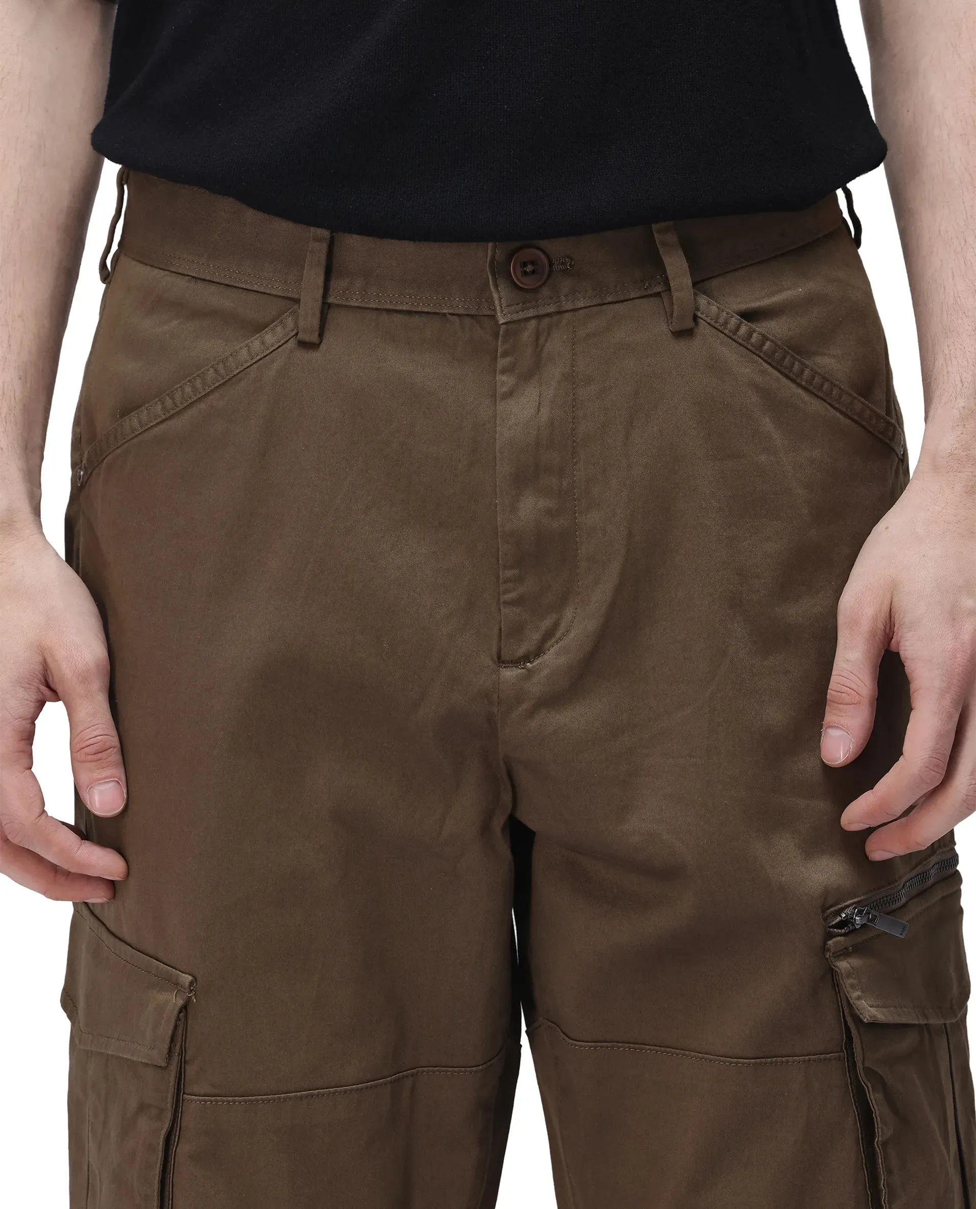 Rare Rabbit Men's Dima Dark Olive Cotton Elastane Fabric Button And Zip Closure Cargo Trouser