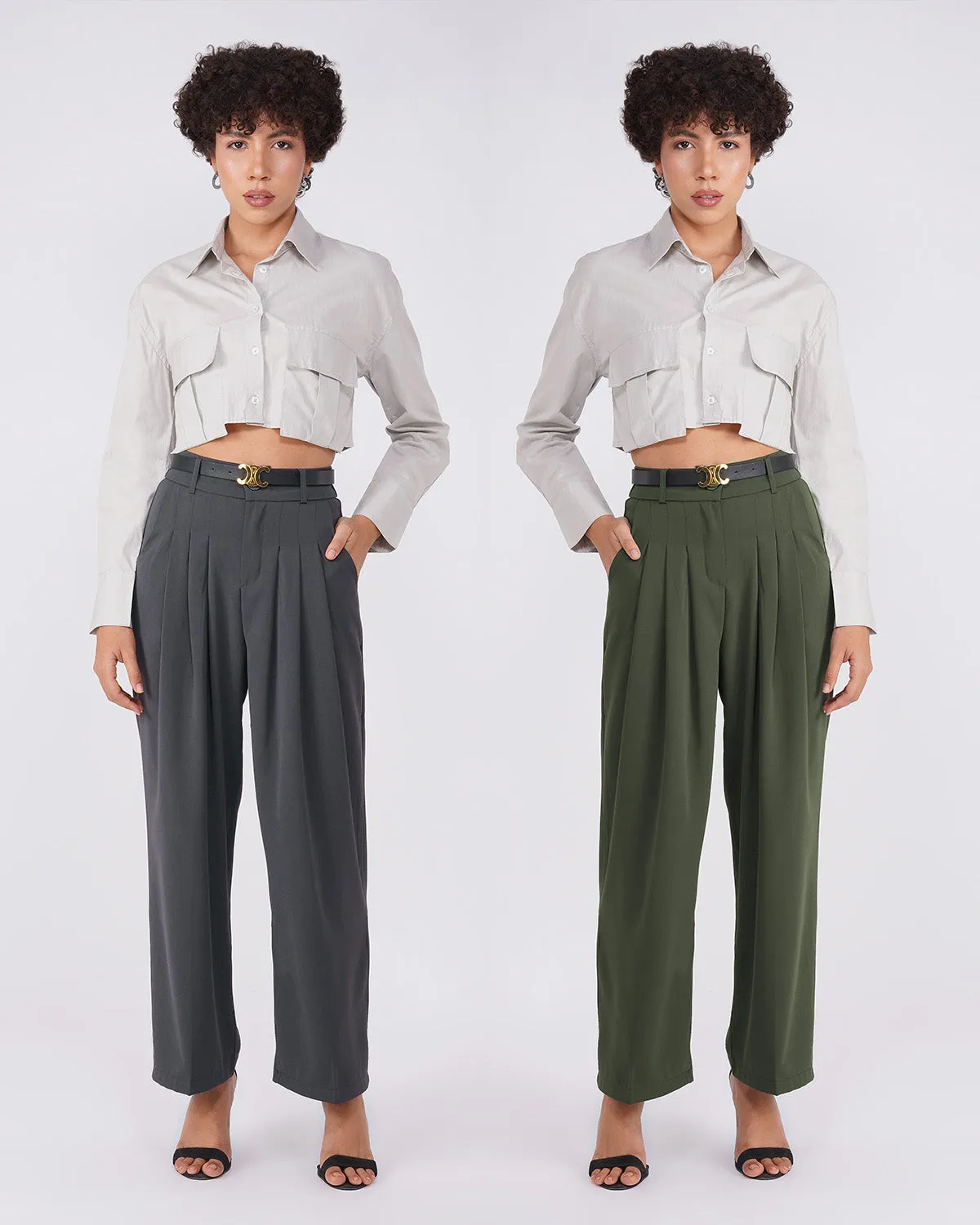 [SET OF 2] PLEATED WIDE LEG PANTS - GREEN & GREY