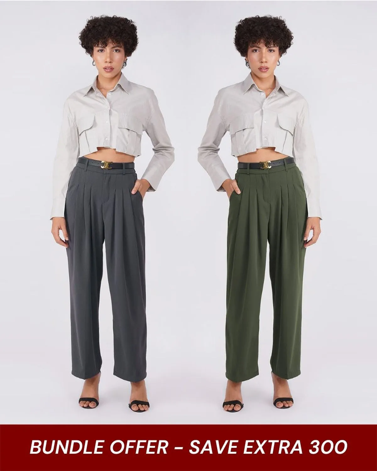 [SET OF 2] PLEATED WIDE LEG PANTS - GREEN & GREY