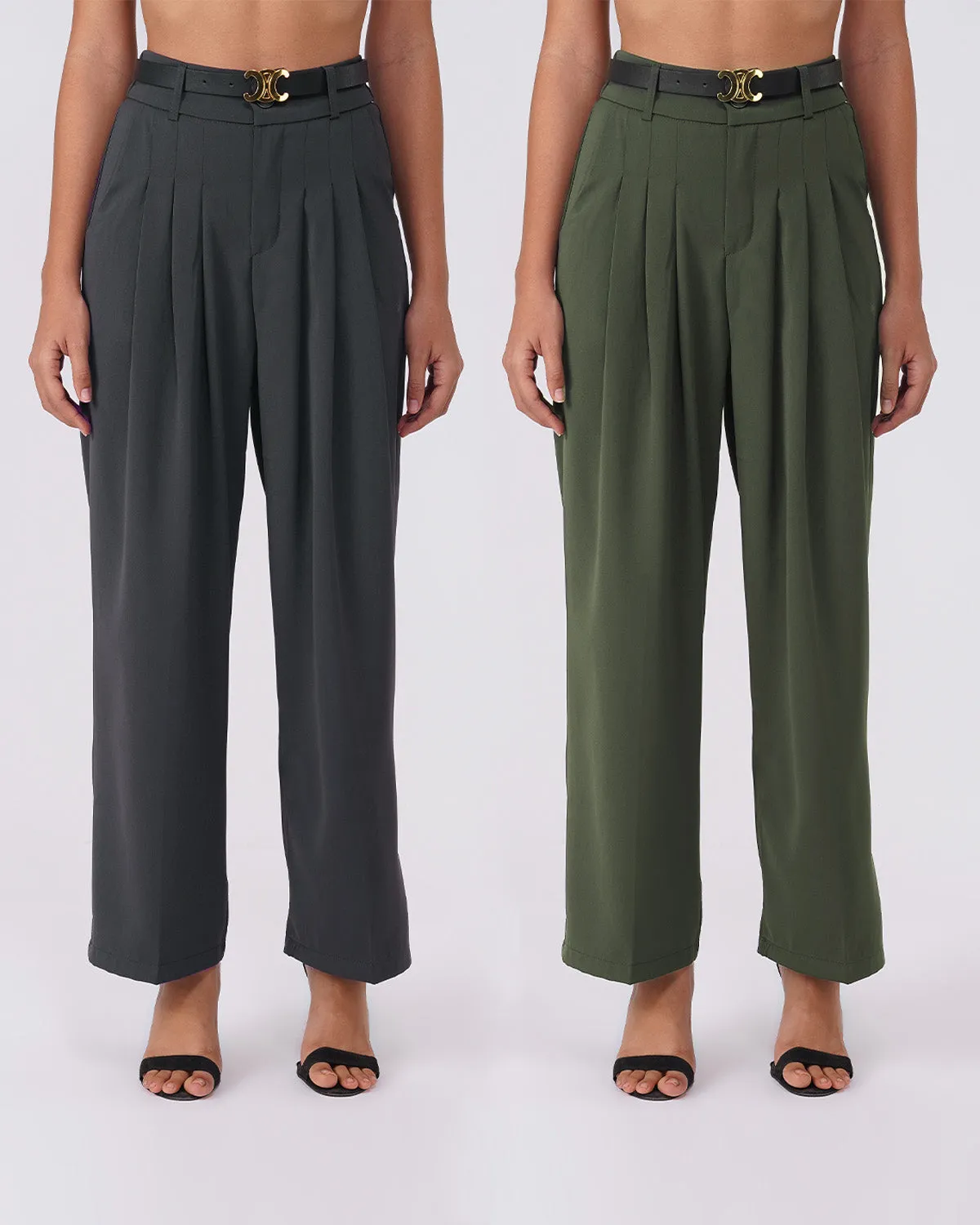 [SET OF 2] PLEATED WIDE LEG PANTS - GREEN & GREY