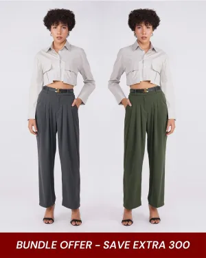 [SET OF 2] PLEATED WIDE LEG PANTS - GREEN & GREY