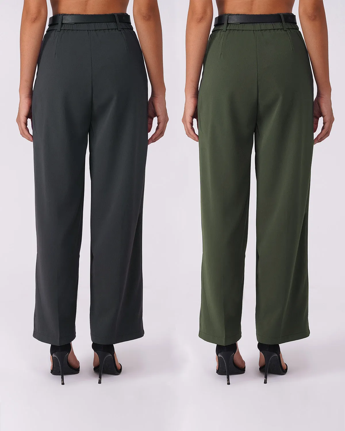 [SET OF 2] PLEATED WIDE LEG PANTS - GREEN & GREY