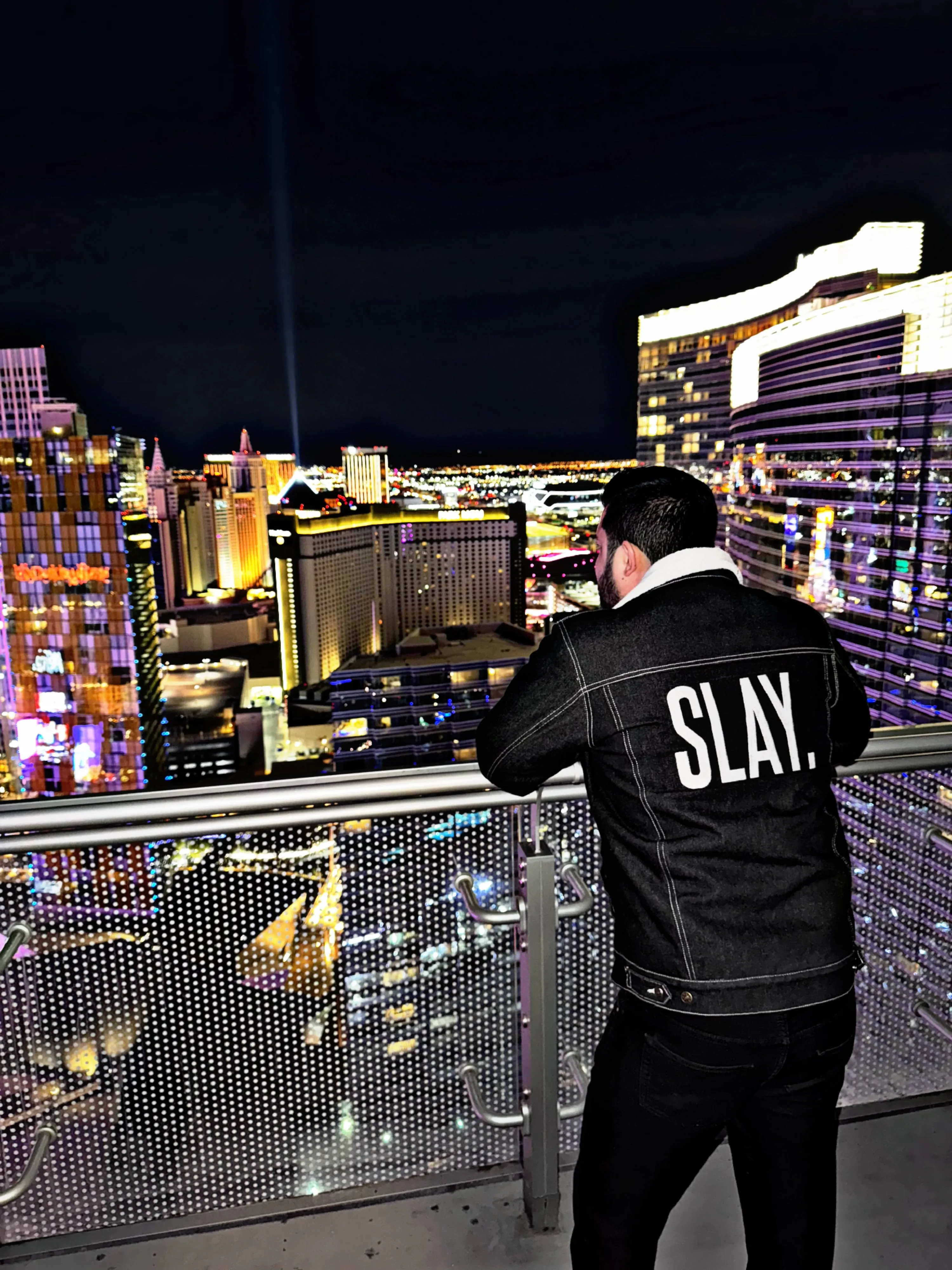 SLAY. Men's Full Sleeves Black Solid Embroidered Button-Down Black Denim Jacket with Faux-fur Lining