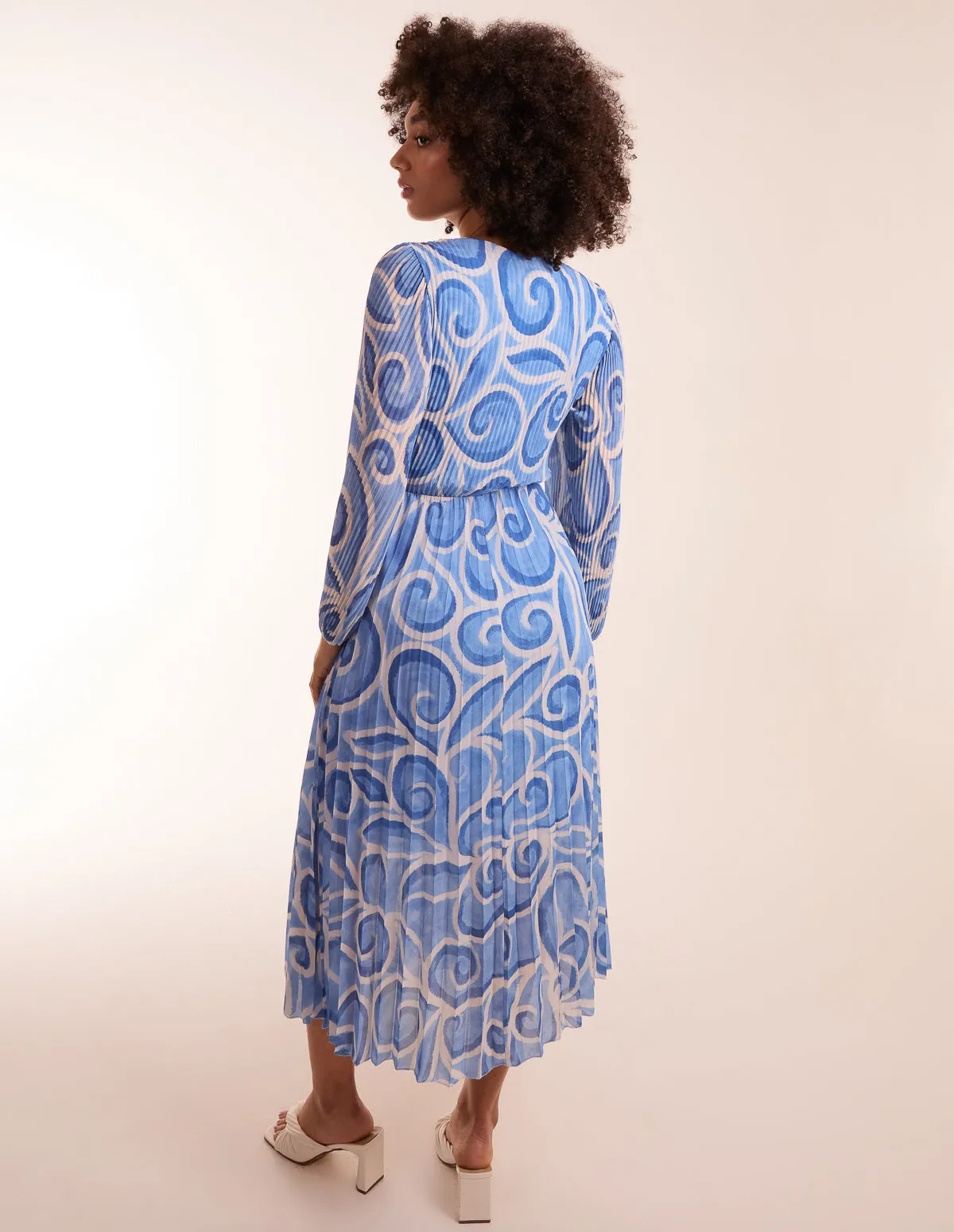 Swirl Print Wrap Pleated Midi Dress