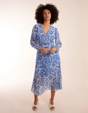 Swirl Print Wrap Pleated Midi Dress