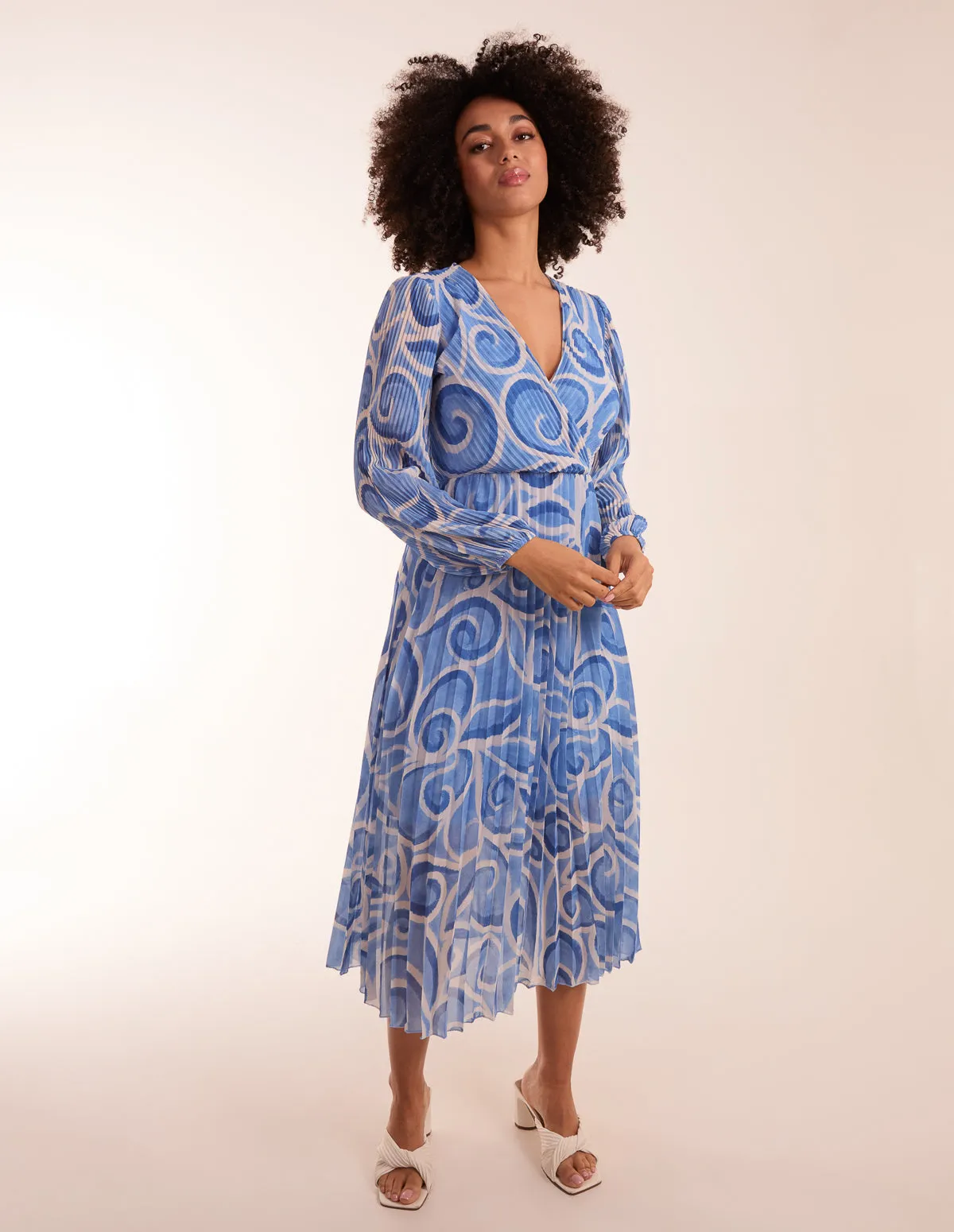 Swirl Print Wrap Pleated Midi Dress