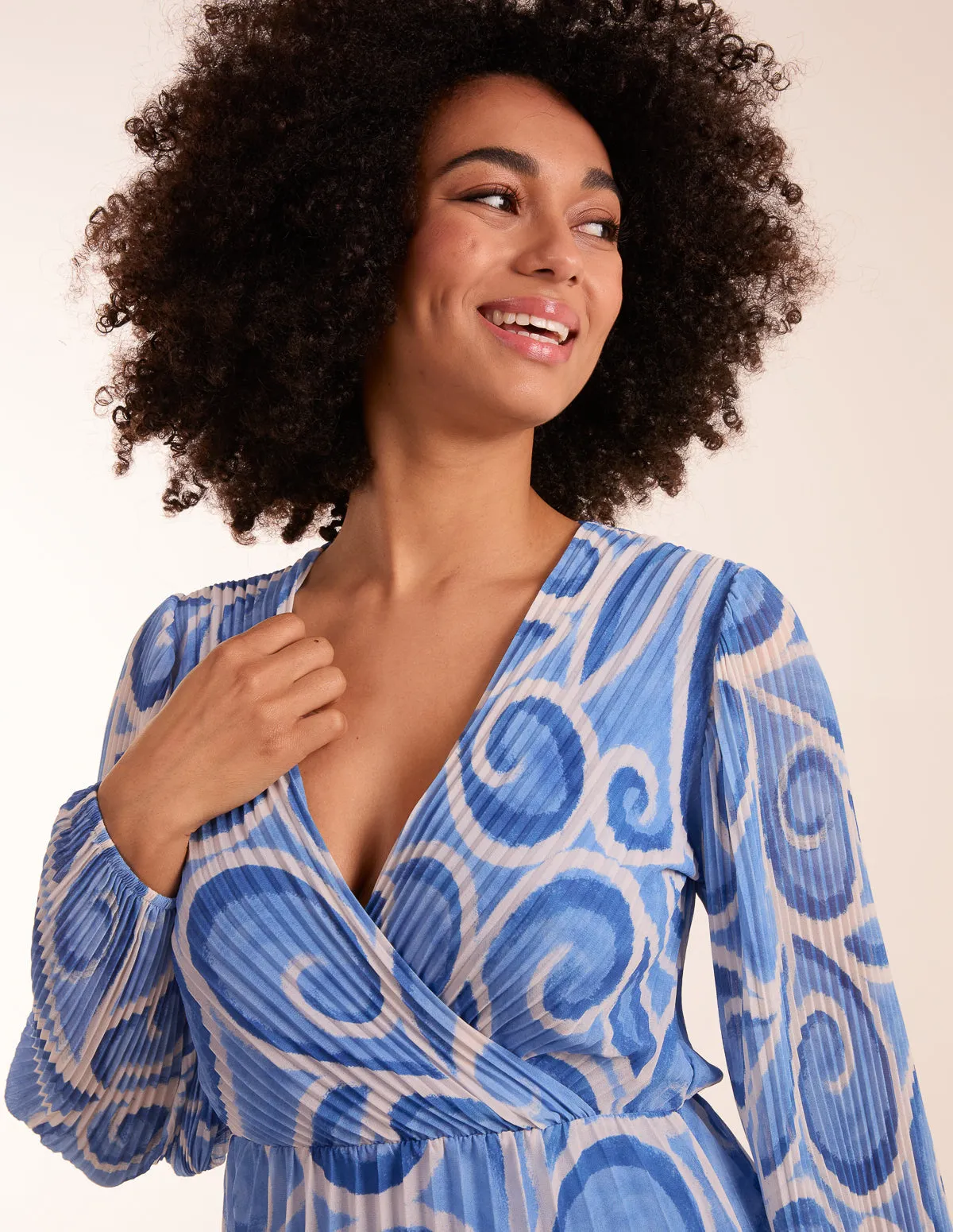 Swirl Print Wrap Pleated Midi Dress