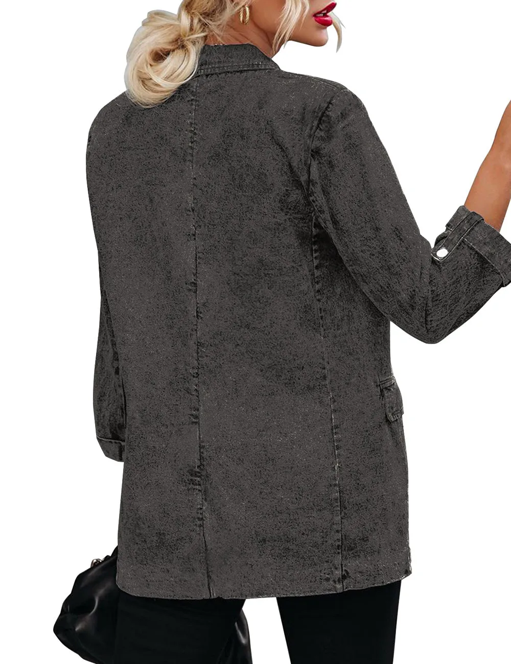 Vetinee Women's Open Front Denim Blazer Suit Lapel Washed Rolled Sleeve Jean Jacket Cardigan