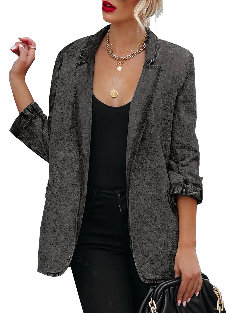 Vetinee Women's Open Front Denim Blazer Suit Lapel Washed Rolled Sleeve Jean Jacket Cardigan