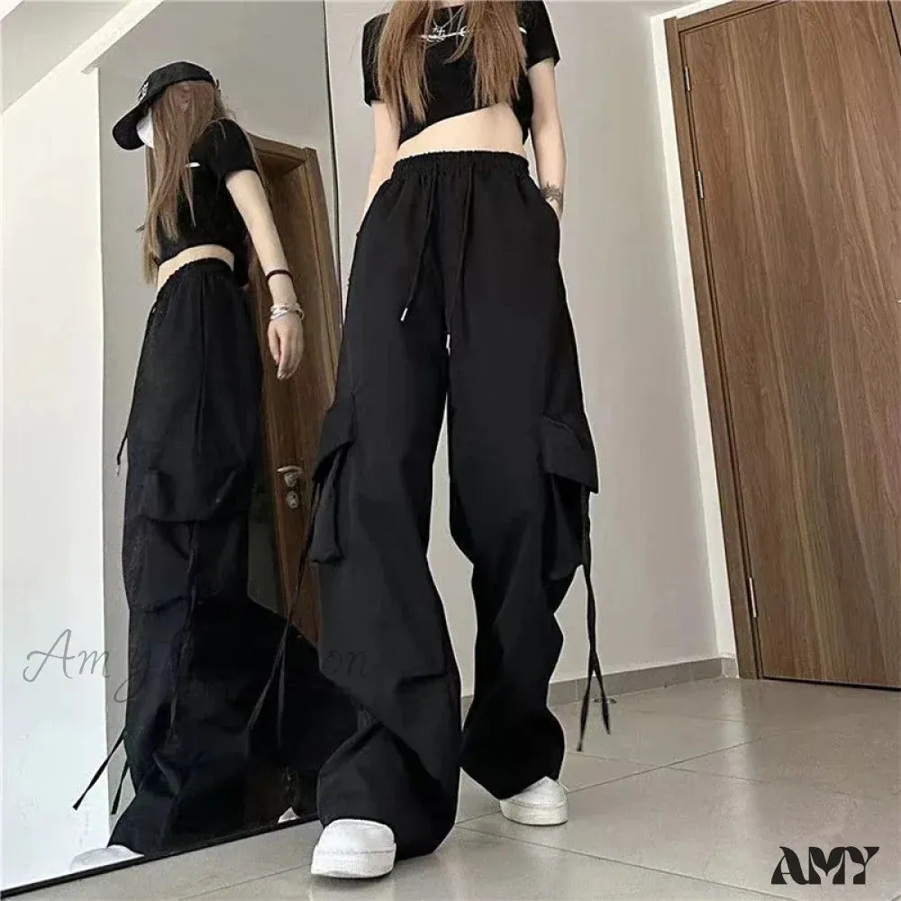 Vintage Large Pocket High Waist Wide Loose Fashion New Drawstring Trouser