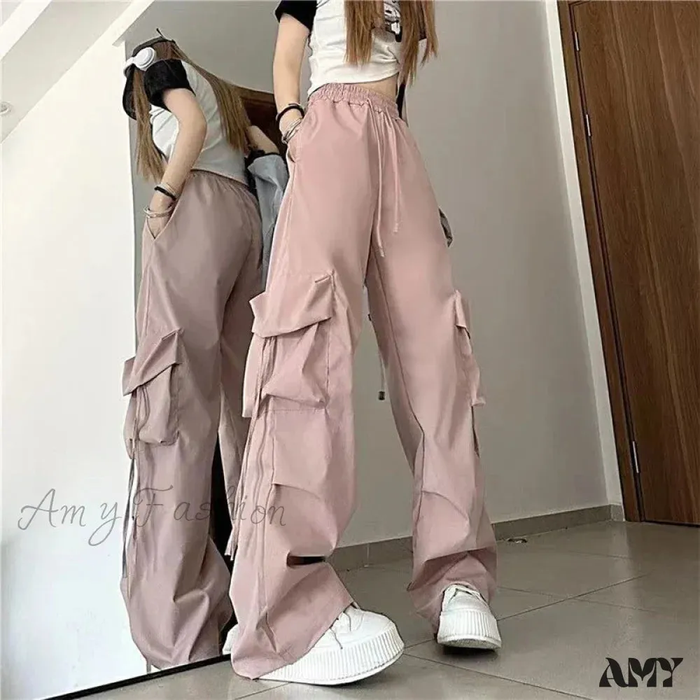 Vintage Large Pocket High Waist Wide Loose Fashion New Drawstring Trouser